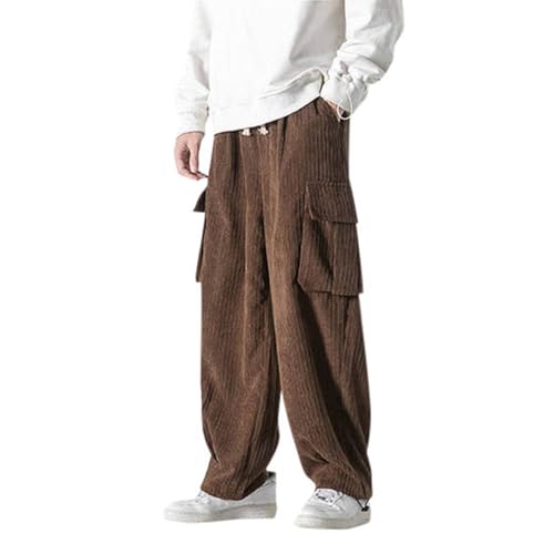 Mens Corduroy Sweatpants with Cargo Pocket Oversized Elastic Waist Baggy Straight Slacks Pants Work Casual