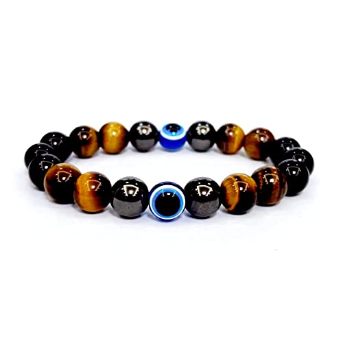 Evil Eye with Hematite Black Obsidian Tiger Eye Stone Triple Protection Bracelets for Men Women, Crystal Healing Stone Bracelet Bring Luck Prosperity and Happiness Jewelry