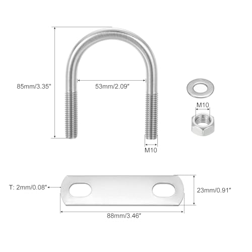 Image of uxcell Round U-Bolts, 4 Sets 53mm(2.09 inch) Inner Width 85mm Length M10 304 Stainless Steel U Clamp Bolt with Nuts and Plates, for Boat Trailer