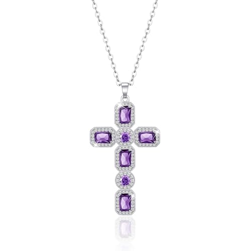Listado de Collares Morados - los más vendidos. 47 Collar Linawe con cruz de amatista para mujer Collar moderno con colgante morado, collar con colgante de cadena de plata, diamantes de cristal, piedras de nacimiento, circonitas...