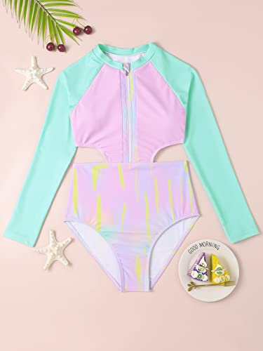 Sweatyrocks Girl's One Piece Rashguard Bathing Suit Color Block Cut Out Long Sleeve Swimsuit Green Pink 10-11Y #TOP4