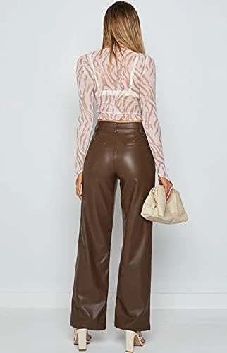 Faux Leather Pants for Women Solid Color High Waist Straight Leg Trousers Vintage 90s Streetwear Pant with Pockets4