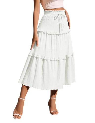 Meetjen Women's Summer Flowy Boho Midi Tiered Ruffle Skirt Elastic High Waist Casual A Line Beach Trendy Long Skirts