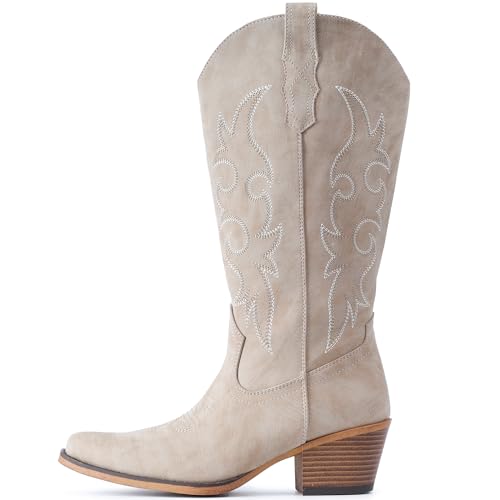 Image of IUV Cowboy Boots For Women Western Cowgirl Boots Mid Calf Snip Toe Boot With Chunky Heel