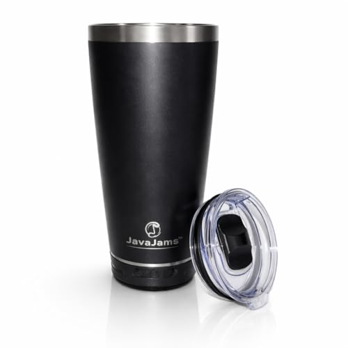 JavaJams 20 oz Bluetooth Speaker Tumbler – Stainless Steel Travel Tumbler, Insulated Cup with MAGNETIC Sliding Lid, Removeable Bluetooth Speaker Tumbler with Double Wall Design