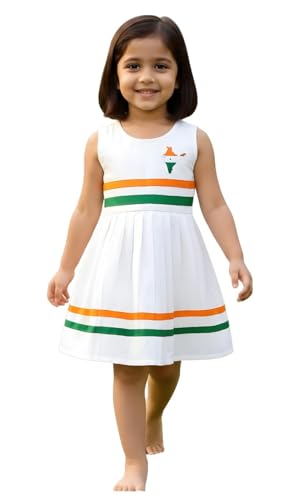O S G Creation Girls’ Independence Day & Republic Day Frock | Tricolour Theme White Dress for Kids | Sleeveless Fit & Flare Dress (IND-8-9 Years)