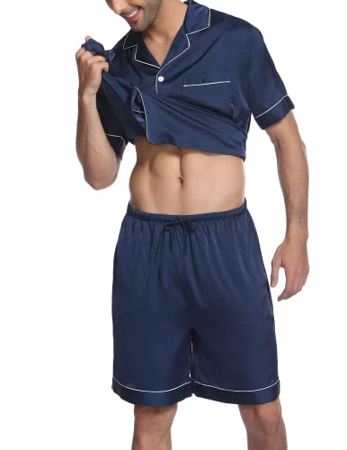 Image of Ekouaer Mens Satin Pajamas Set Button-Down Short Sleeve Shirt Top Soft Silk Sleepwear Shorts with Pockets