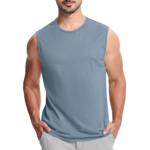 Men's Sleeveless High-Elastic Vest Tight-Fit Crew Neck Solid Fitness Tank Top Breathable Compression Gym Running Shirts Blue