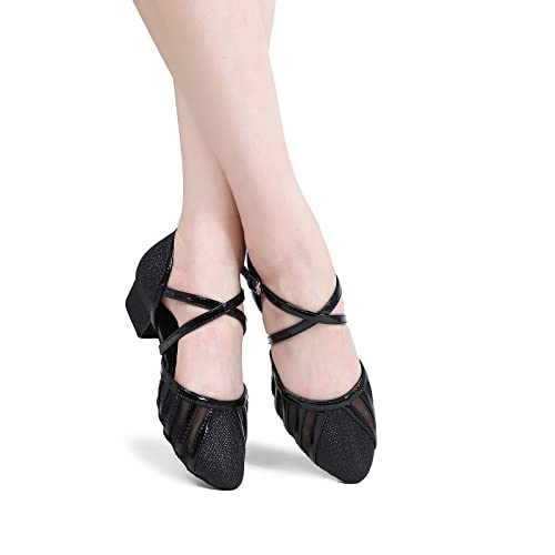 Image of Low Heel Ballroom Dance Shoes Women Latin Salsa Wedding Practice Dancing Shoes Sparkle Comfortable Closed Toe Dance Heels 1.5inch