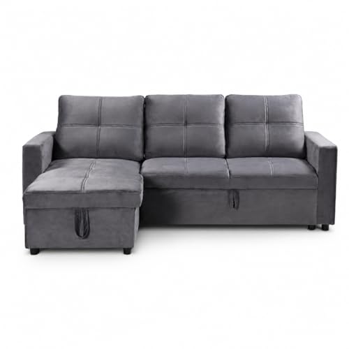 IBERA HOME Sofá Cama Chaise Longue BOGA 3 Plazas Gris Terciopelo 215 x 135 cm - Cheslong Reversible con Arcón y Almacenamiento - Sistema de Arrastre - Tapizado Suave - Armazón Pino Macizo - Salón