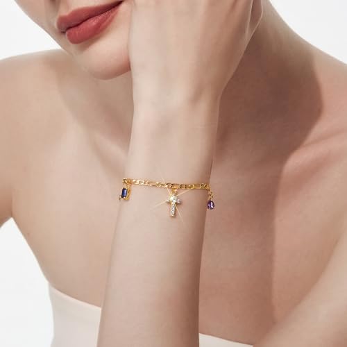 Cicy Bell 18K Gold Plated Link Bracelets for Women Cross Faith Heart Pear Round Rectangle Shape Cubic Zirconia Figaro Chain Bracelets Trendy Jewelry Gifts for Lover Mom Friends3