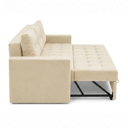 Image of FURNY Tressa 3 Seater Fabric Pull-Out Sofa Cum Bed Function (Cream) | Luxury Velvet Suede Finish | Durable Comfort Sofa Bed for Modern Living Room & Office Spaces