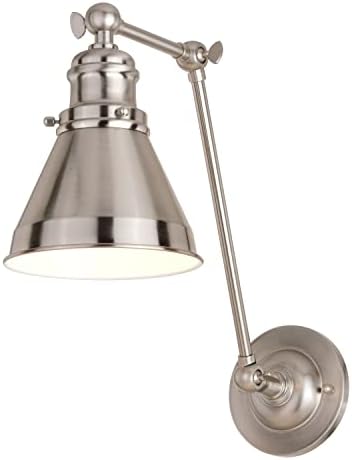 VAXCEL Alexis 6 in W Satin Nickel and Matte White Adjustable Swing Arm Wall Lamp with Metal Shade