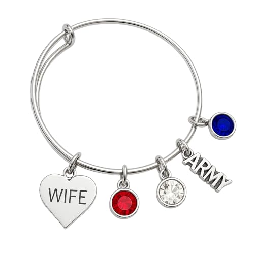 Infinity Collection Army Wife Bangle Bracelet - Proud Army Wife with Red, White, and Blue Rhinestone Charms Adjustable Bracelet - Show your Appreciation with a Unique Gift