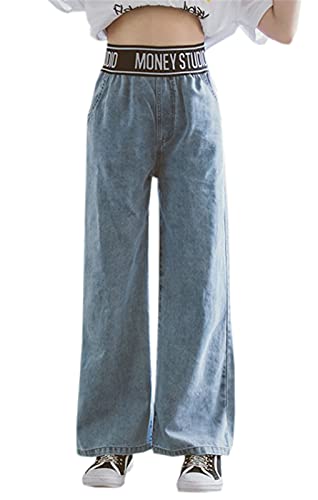 SANGTREE Girl's Wide Leg Jeans, Casual Letter Waist Baggy Denim Pants for Girls, Denim Blue, 12-13 Years = Tag 170