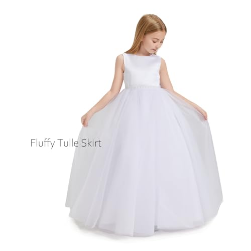 White Pearls Flower Girl Dress for Wedding Party Kids Princess Tulle Prom Ball Gown with Big Bow Sash YFD3703