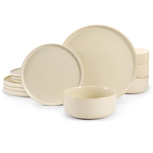 Dinnerware Set, 12 Piece Service for 4, by Kook, Ceramic 10.5” Dinner Plates, 8.2” Salad Plates and 25 oz Soup Bowls, Stoneware, Microwave and Dishwasher Safe, 12 Piece Set, Beige, Somerset Collection