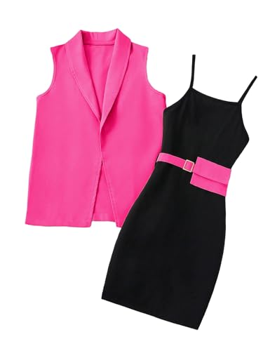OYOANGLE Girl's 2 Piece Casual Open Front Sleeveless Blazers Vest and Colorblock Cami Dress Set Black and Pink 10-11Y