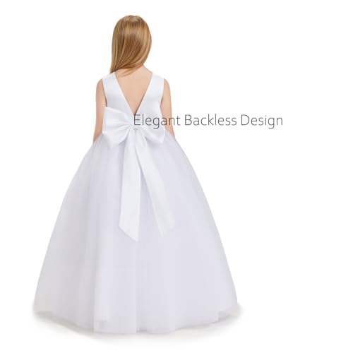 White Pearls Flower Girl Dress for Wedding Party Kids Princess Tulle Prom Ball Gown with Big Bow Sash YFD3704