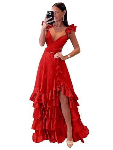 Sexy Tiered Ruffle Prom Dresses for Women 2025 Elegant A-Line Satin Long Formal Evening Gown with Train