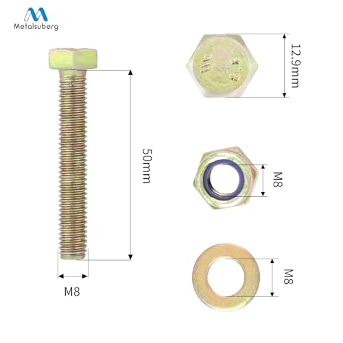 Image of M8 x 50mm Hex Head Bolt by Color Galvanization with Nylon Lock nut and Big Size Washer Assortment Kit,Alloy Steel,Grade 8.8.(8pcs Pack),Shear pin for Bush hog SQ600.