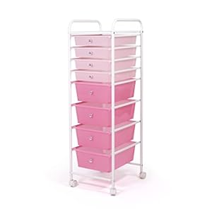 Humble Crew 8 Drawer Rolling Storage Cart with Wheels, Slim Plastic Organizer Trolley for Crafts, Office, School, Makeup & More, Metal Frame, Pink