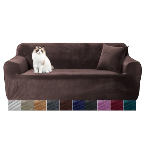 Yeahmart Thick Sofa Covers 1/2/3 Seater Pure Color Sofa Protector Velvet Easy Fit Elastic Fabric Stretch Couch Slipcover (Brown, 1 Seater 90-140cm)