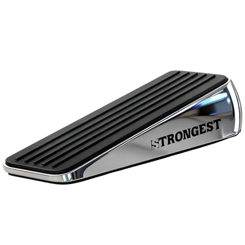 Image of STRONGEST HOME Stoppers for Bottom of Door - Heavy Duty Metal Rubber Door Stopper, Non-Slip Door Stop for Heavy Doors, Works on Wood, Tile & Carpet Floors, Wedge Chrome 1 PC + 1 White Wall Protectors