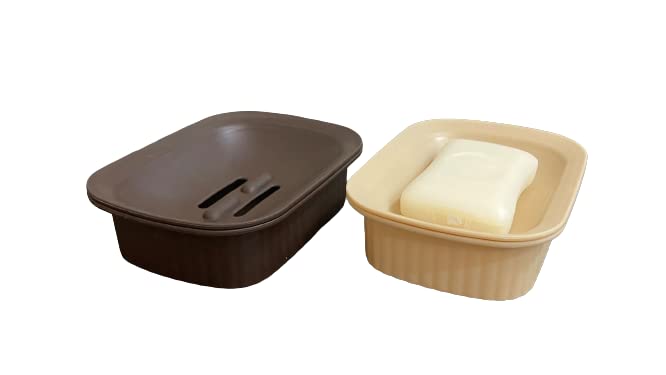 CSM Jabonera de plástico, soporte para jabón, jabonera para baño (paquete de 2 piezas) (beige, marrón)