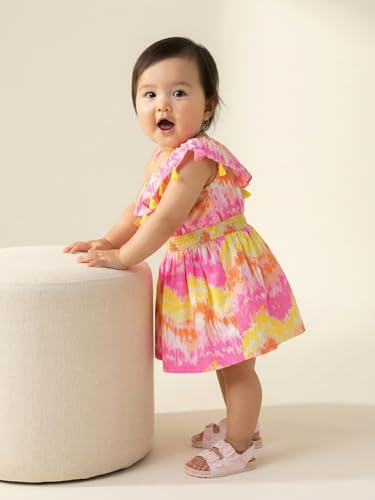 Image of Nautinati Baby Girls Fit & Flare Dress with Single Shoulder Strap and Assymetric Neckline | Age 0-3 Years