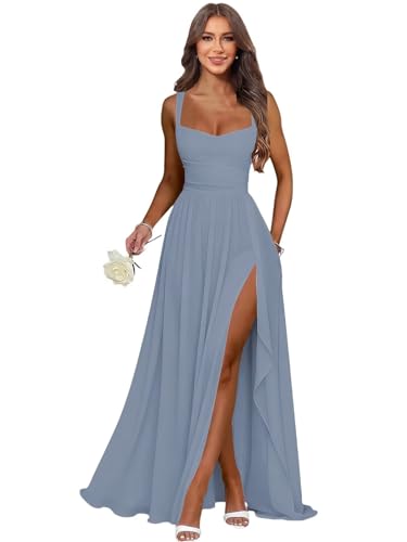 Dvdci Bridesmaid Dresses Long Dusty Blue Chiffon Evening Gown Ruffle Slit A Line Formal Dresses for Women US0