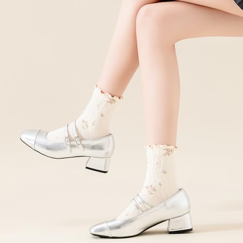 Image of Womens Ruffle Crew Socks Vintage Patterned Ankle Casual Fashion Dress Sock Cute Lettuce Floral Socks 5 /6 Pack