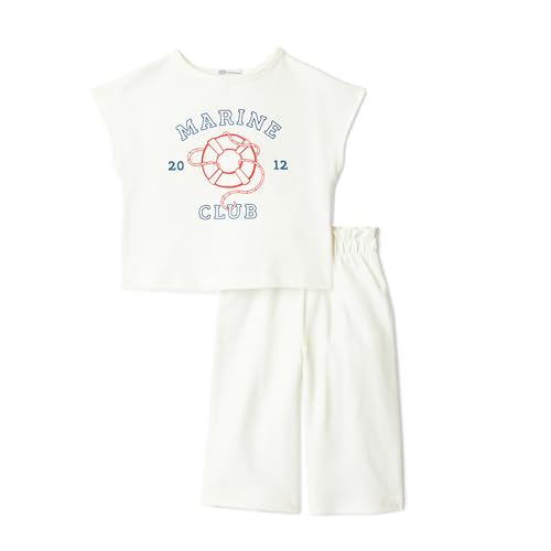 Amazon Essentials Unisex Babies x Sofia Grainge Baby Girl and Toddlers Cotton Pique Short Sleeve T-Shirt & Pants Set Ivory Ivory Marine Club 2T