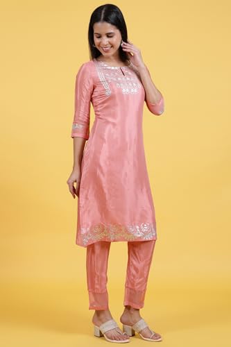 Image of W for Woman Pink Printed Shantung Straight Kurta, Pants and Dupatta Set