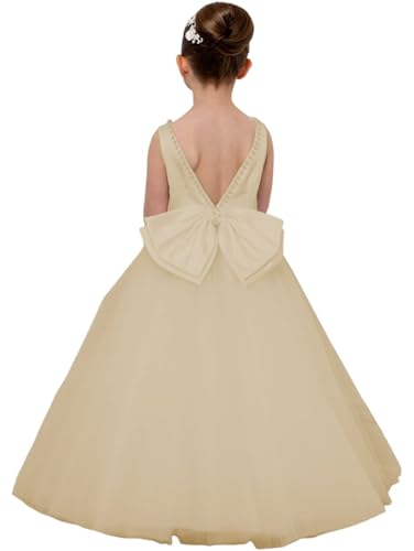 Puffy Tulle Flower Girl Dress Backless Pearls Beaded First Communion Dress Kids O-Neck Satin Formal Party Gowns