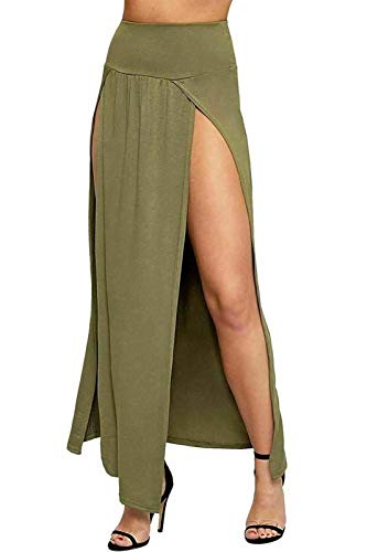 Jupe longue double fendue pour femme - Uni - Avec fente latérale - Extensible - Taille 36 à 54, kaki, 36-38 Cover