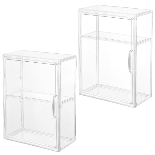 Image of Acrylic Wall Mount Display Case for Collectibles Figures, 2 Tier | Damage-Free Adhesive Strips for Wall Mounting; Adjustable Partition Shelves; Clear Display; Magnetic Closure to Keep Dust Out