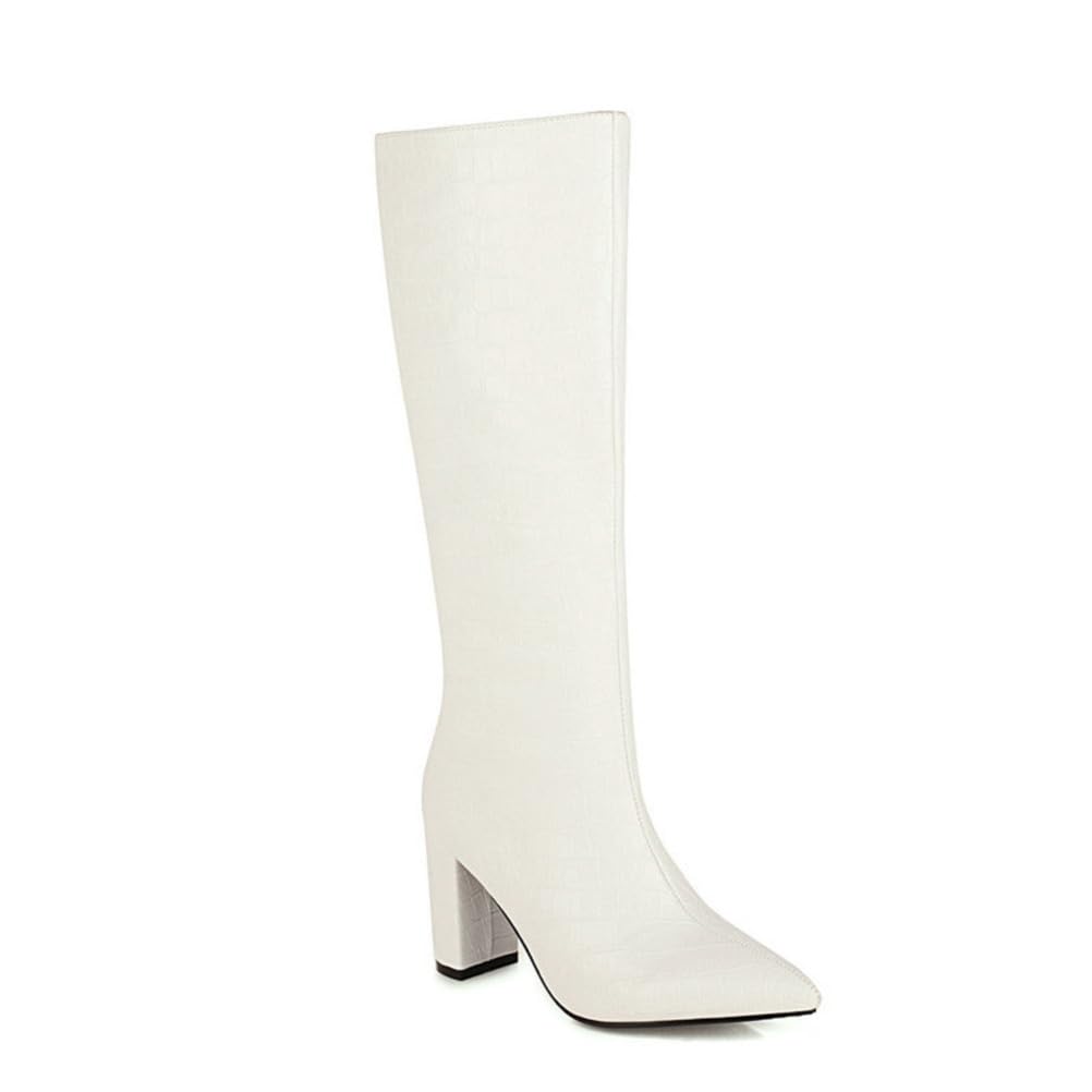 Womens Winter Black Knee High Pointed Toe Wide Calf Leather Biker Boots Chunky Block Heel Slip On Long