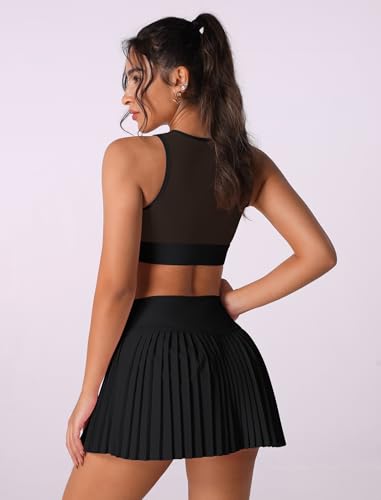 Two Piece Tennis Skirt Sets Outfits Single Shoulder Strap Tulle mesh top with High Waisted Pleated Skirt Sets4