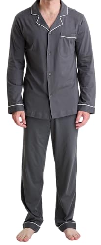 GIVEITPRO -100% Cotton Jersey Knit, Men's Long Button-Down Sleepwear Pajama Set (Medium, Dark Grey)