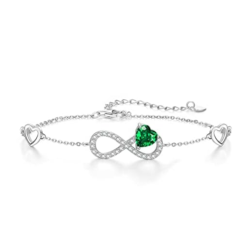 Qings Infinito Pulsera de Esmeraldas para Mujer, Plata de Ley 925 Infinito Corazón Mayo Piedra de Nacimiento Pulsera Ajustable Infinity Verde Gem Pulseras, Día de la Madre Joyas Regalo para Mamá Niña