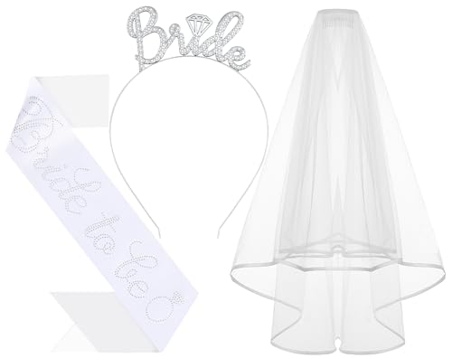 Papoopy 3Pcs Bride to Be Headband with Sash and Veil for Bachelorette Party Decorations Bridal Shower Accessories for Gift Favors