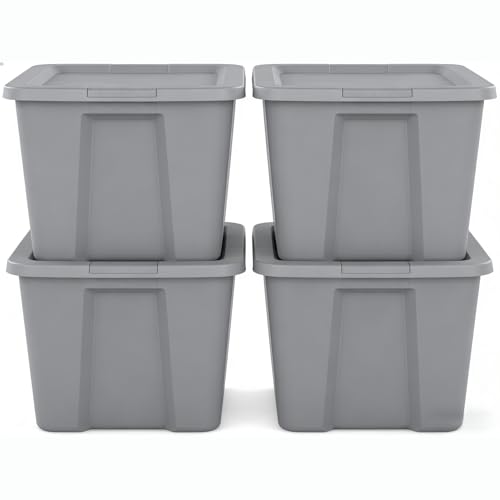 (4 pack)18 Gallon Storage Box with Lids, Storage Bins for Household items, Clothing, Tools and General Ltems, Grey