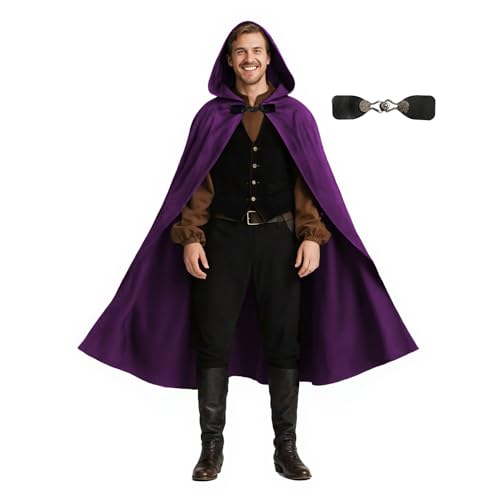 JPXH Medieval Hooded Cloak with Leather Buckle, Renaissance Costume Purple