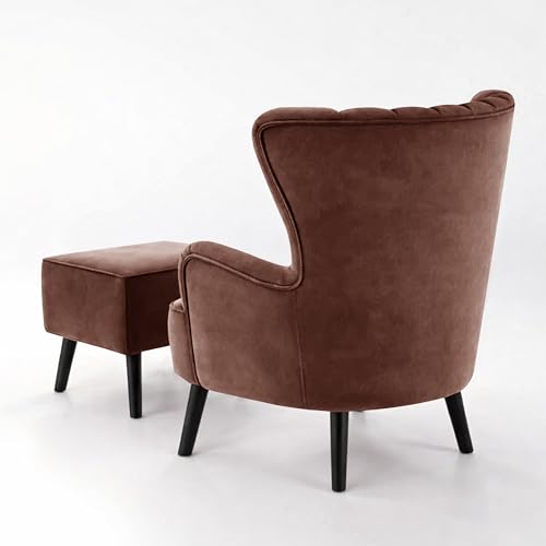 Image of Rosebell Velvet Accent Chair with Ottoman - Modern Upholstered Lounge Chair with High Back, Tufted Design & Comfortable Reading Chair for Living Room, Bedroom, Office-Brown