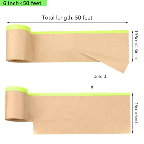 Image of 2 Pack 6 Inch x 50 Feet Pre-Taped Masking Paper for Painting, Premium Brown Kraft Painters Paper Roll with Tape, Precision Automotive Paint Masking Paper for Skirting, Window Frames, Detailing