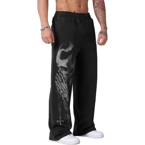 Men's Skull Print Sweatpants Relaxed Fit Punk Gothic Joggers Streetwear Hip Hop Lounge Track Pants with Pockets