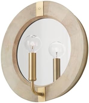 Capital Lighting 647311WS Finn Modern Unique Tapered Wood Frame Circle Wall Sconce with Mirror, 1-Light 60 Watt, 12" H x 12" W, White Wash/Matte Brass