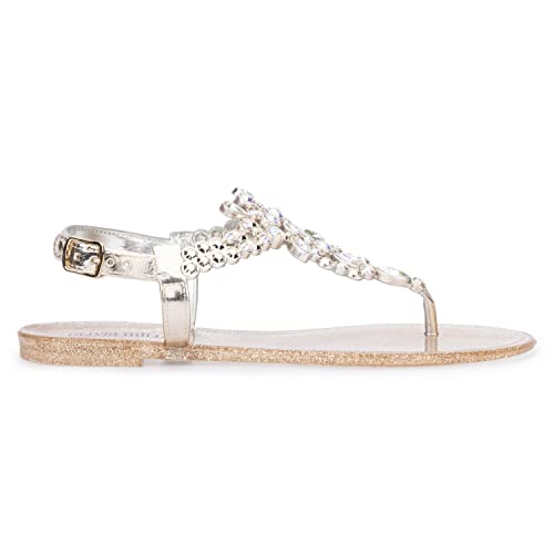 Olivia Miller Women's Fashion Ladies Shoes, Tilly Gold Pvc Jelly W Embellished Rhinestones Adjustable Thong T Strap W Slingback Strap Slip On Open Toe Trendy Casual Summer Geli Slide Flat Sandals #TOP2
