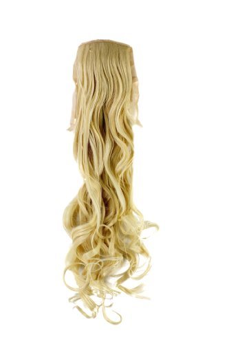 Hairpiece PONYTAIL (comb & ribbon wrap-around system) extension pigtail very long (24 inches) slightly CURLED wavy BRIGHT BLOND YZF-1094HT-88
